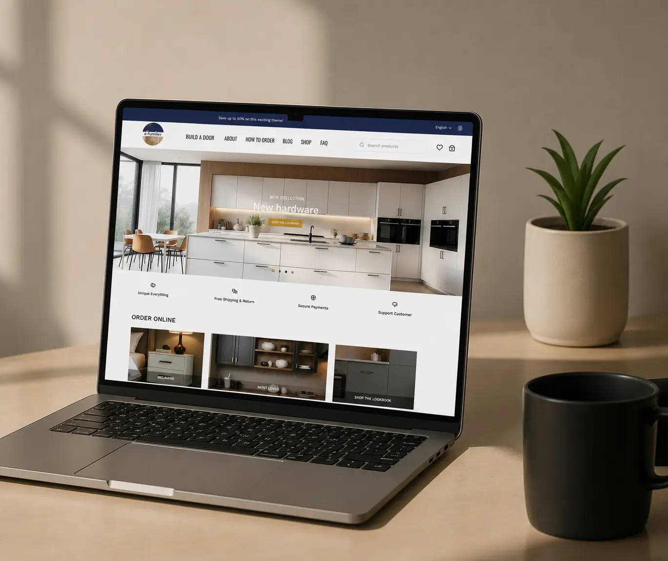 Laptop workspace with an ecommerce website preview