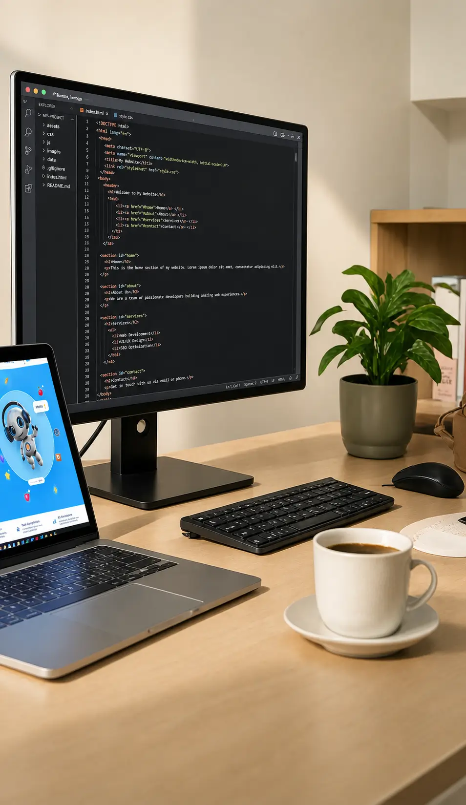 Developer desk with code editor on a monitor